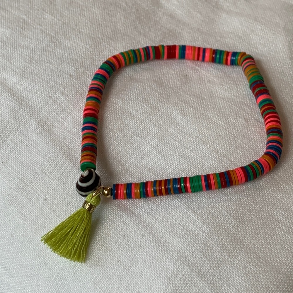 Rainbow multicolored Heishi tassel bracelet with shell